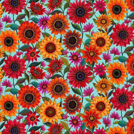 Sunflowers Large Sunflowers Aqua | Fabric