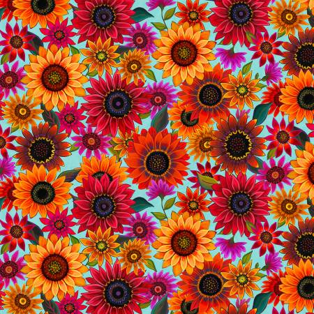 Sunflowers Packed Sunflowers Aqua | Fabric